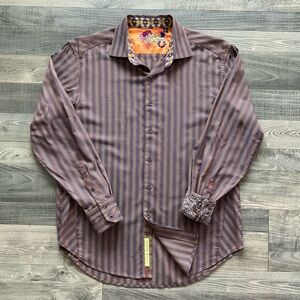 Robert Graham L/S Shirt Men’s LARGE Brown Blue Abstract Embroidered Flip Cuff